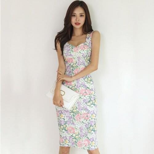 2021 Summer New Korean Slim Fashion Suspender Dress Women Sexy V-neck Flowers Printed Bodycon Pencil Dress Vestidos