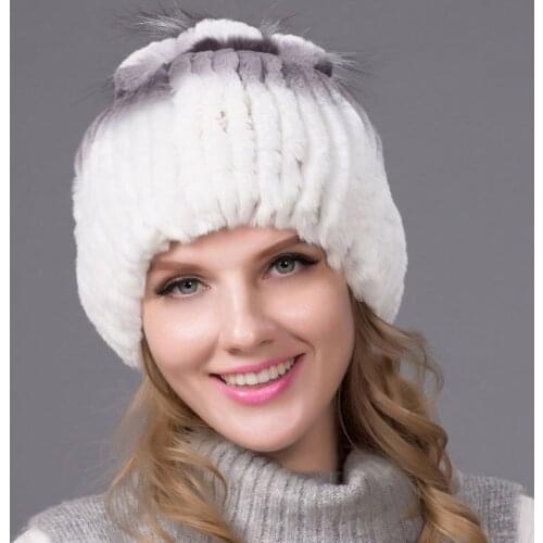 Winter Womens Fur Hat Rex Rabbit Fur Hat Silver Fox Fur Lined Pompon Knit Hat Lined Russian Fur Hat THY-05
