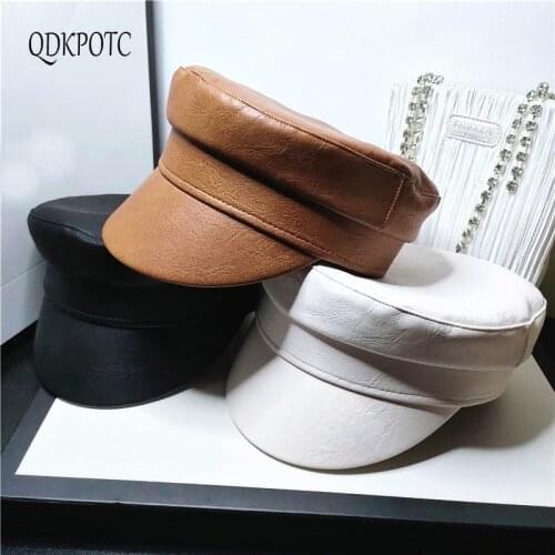 2020 hat Autumn Winter New PU Leather Women Military HGats Fashion Folds Simplicity Navy Cap Casual England Retro Beret DKPOTC