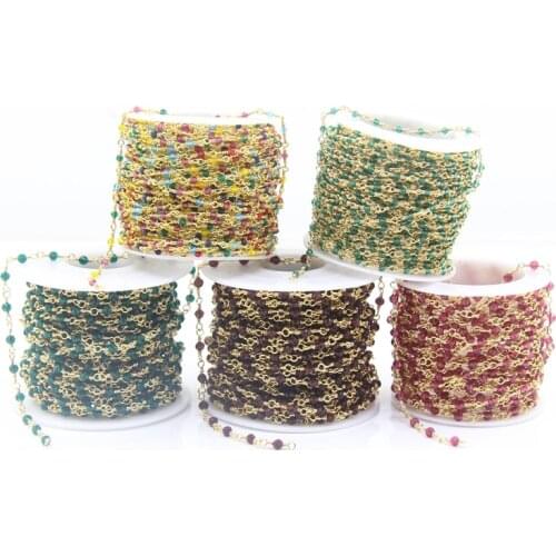 5Meter Colourful Glass 2mm Faceted Round Beads Rosary Chains,Plated Gold Brass Wire Wrapped Small Glass Beaded Necklace Chains