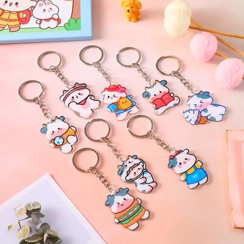 Cute Cow Teddy Acrylic Key Chain Movement Learning Burger Kawaii Cow Shape Key Chain Key Backpack Wallet Decorative Jewelry