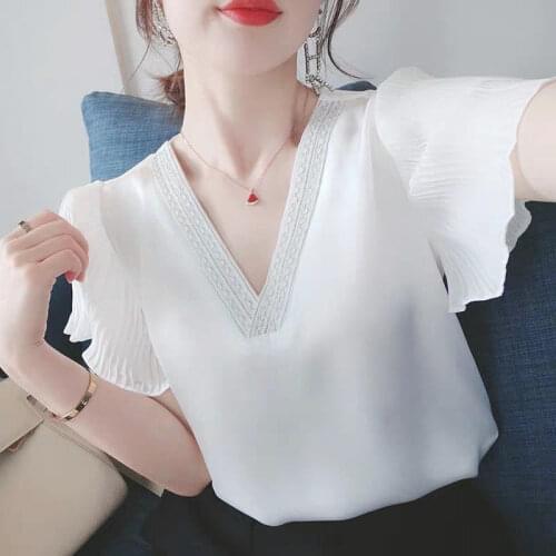 Womens Spring Summer Style Chiffon Blouses Shirt Womens Butterfly Sleeve V-neck Solid Color Elegant Casual Loose Tops DD8646