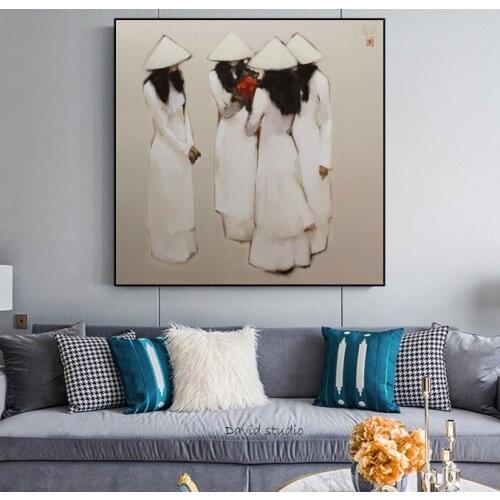 Hand Pained Oil Painting Abstract Art School Girl in Folk Costume Vietnamese Art for Living Room Wall Decoration