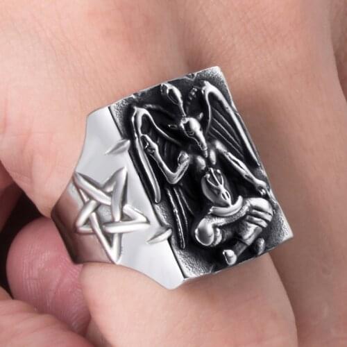 Elfasio Mens Satanic Rings Baphomet Goat Pentagram Leviathan Cross Skull Devil Demon 316L Stainless Steel Biker Ring Jewelry