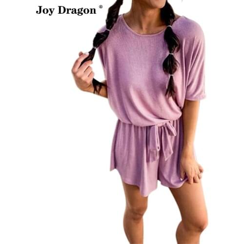 New Summer Women Solid Color Fashion Short Sleeve Round Collar Lace Up Loose Casual Jumpsuit Combinaison Femme Ropa De Mujer