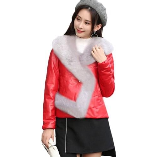 New Winter Thick Warm Down cotton padded Short Leather Jacket Plus size Female Imitation Fox fur collar PU Leather Jackets F1082