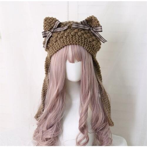 Sweet Bowknot Cat Ear Earmuffs Knitting Hat Thick Lolita Teen Girl Lace Trim Knitted Cap B1646