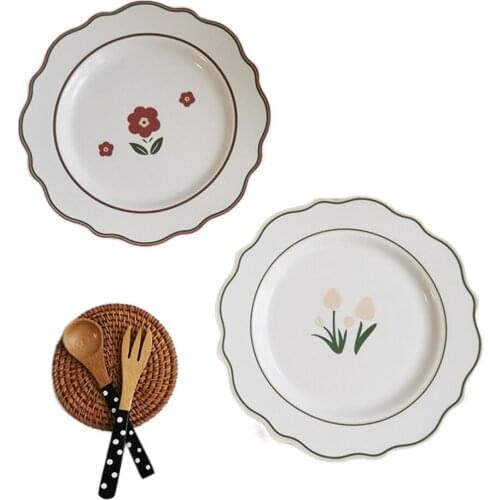 Nordic INS Round Ceramic Salad Plates Vintage Tulip Flower Dessert Fruits Tableware Wedding Stands For Cakes Dish