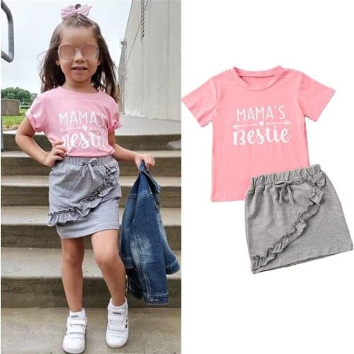 1-6Y Toddler Baby Girls Clothes Sets Lovely Letter Print Pink Short Sleeve T Shirts Tops+Grey Mini Skirts
