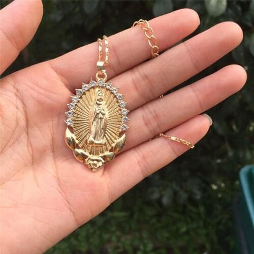 Holy Virgin Mary Pendant Necklace Religion Dainty Golden Christian Cubic Zircon Necklace Women Collier Christian Jewelry