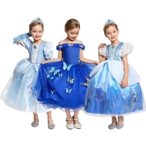 Girl Wedding Princess Dress Kids Halloween Party Role Playing Frocks Puff Sleeve Cinderela Dress with Necklace Magic Wand Gloves