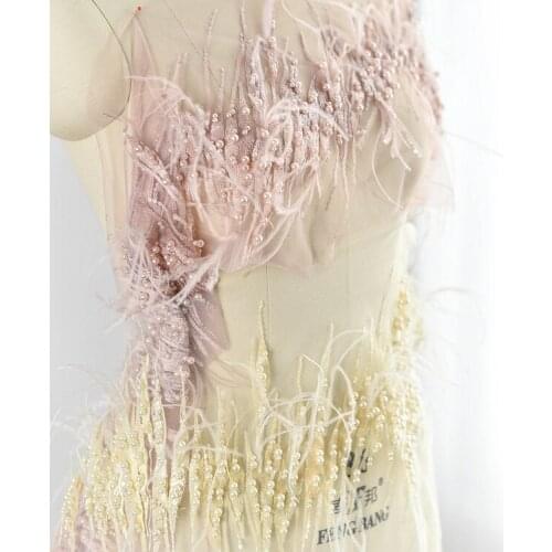 Pink yellow feather sequin embroidery lace trim beaded lace fabric accessories handmade DIY wedding dress decorative material