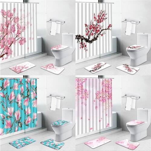 Pink Flowers Shower Curtains Bath Mat Non-Slip Rugs Chinese Style Scenery Toilet Carpet Bathroom Home Decor Screen Luxury Set