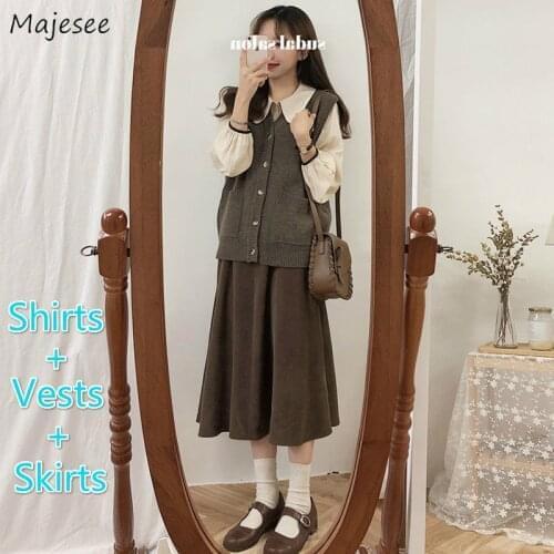 Women Sets 3 Piece Solid Kawaii Shirts Turn Down Collar Knitted Sweater Vests Pockets High Waist Skirts Loose Leisure Korean New