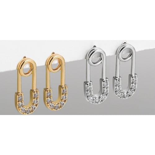 Gothic Gold Silver Color Safety Pin Ear Studs Cz Zircon Paved Tiny Earrings for Women Girls Simple Geometric Femme Bricons 2021