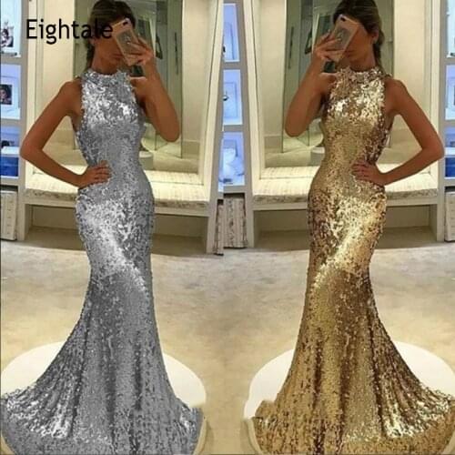 Eightale Bling Bling Gilter Evening Dresses Halter Sequin Silver Gold Mermaid Prom Gown Long Formal Prom Party Dress 2021