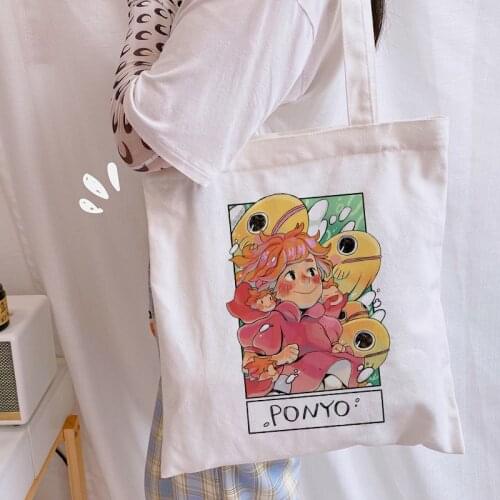 Harajuku Shopper Bags Ponyo Anime Kawaii Graphic Ladies Shopping Bag Handbags Cloth Canvas Tote Bags Women Reusable Shoulder Bag