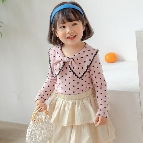 2021 Spring Kids T Shirts Girls Childrens Korean Cute Cotton Tshirt Big Bow-knot Collar Dots Print T-shirt for Girl Baby Tops
