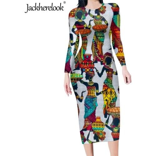 Jackherelook Vintage Women Long Sleeves Pencil Dress Black African Girls Art Printing Casual Mid Club Bodycon Party Dresses 2020