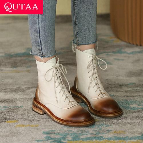 QUTAA 2022 Platform Ladies Ankle Boots Lace Up Concise Genuine Leather Round Toe Fashion Square Heel Women Shoes Size 34-42