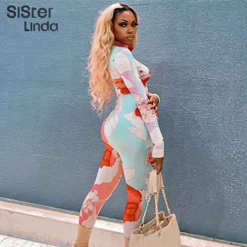 Sisterlinda Floral Tie Dye Print Bodycon Rompers For Womens Zip Jumpsuit Long Sleeve Fitness Sporty Workout Active Wear Playsuit
