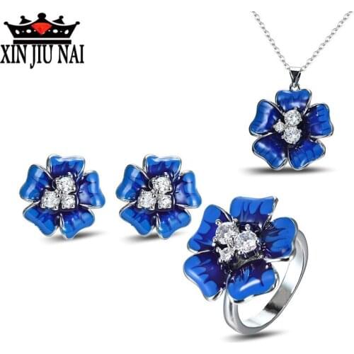 2020 Hot New Arrivals Personalized Luxury Vintage Exquisite Blue Enamel Color Flower Womens Prom Jewelry Set