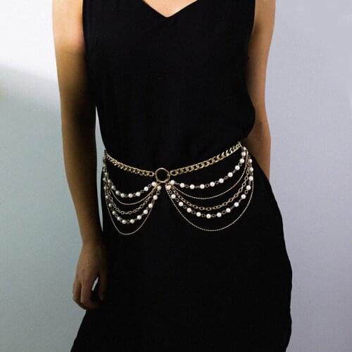 Women Metal Imitation Pearl Waist Chain Luxury Party Dress Jewelry Chain Strap Gold White Multilayer Chains Belt ceinture femme