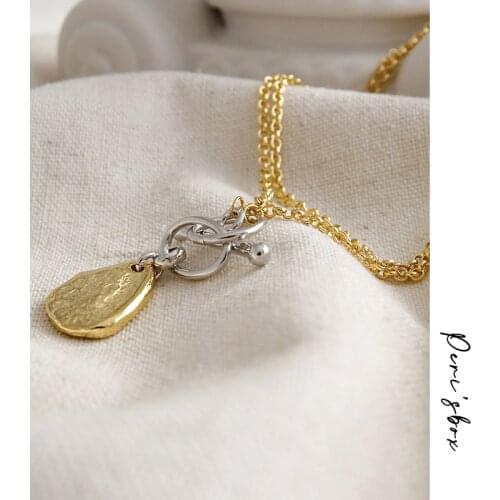 Perisbox Double Plated Medal Irregular Necklace Circle Bar Textured Necklaces for Women 925 Sterling Silver Statement Necklace