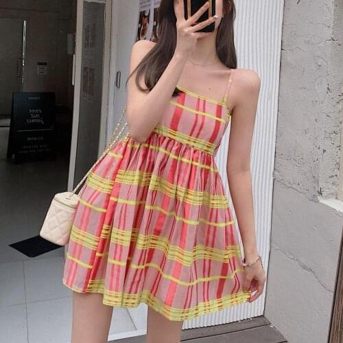 Plaid Pink Color matching Strap Mini A-Line Dress Women Cute Casual HalterNeck Harajuku Kawaii Sundress 2021 Hit Fashion Clothes
