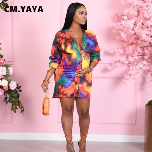 CM.YAYA Women Mini Dress Print Full Sleeve V-neck Single Breasted Stretchy Bodycon Dresses Fashion Streetwear Vestidos Autumn