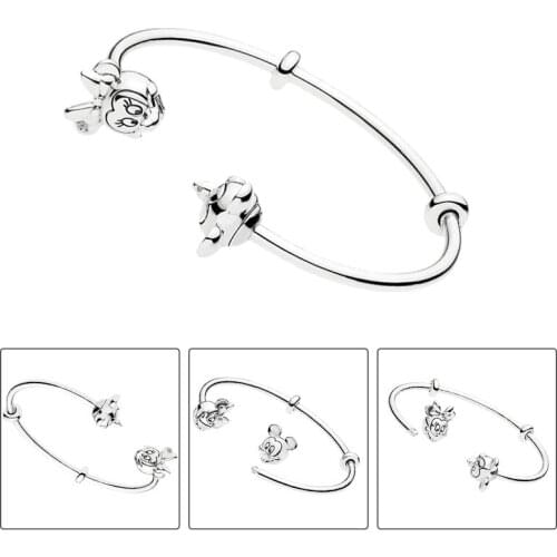 Rigid Wrist Cuff Bangles For Women Real Silver Bracelets 925 Original Fine Jewelry Interchangeable Mickey Minnie End Caps Gifts
