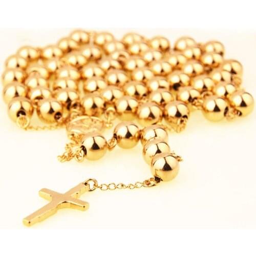 10mm Golden & Silver Color Stainless Steel Beads Rosaries Metal Rosary Round Beads Necklace Catholicism Prayer Religious Jewelry