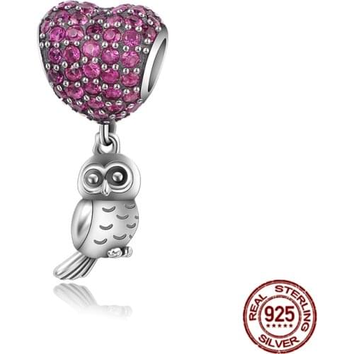 2021 New 925 Sterling Silver Love Pink owl Pendant Fit Original 3mm Bracelet&Bangle Making Fashion DIY Jewelry For Women