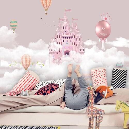3D Cartoon Castle Hot Air Balloon Wall Cloth Wallpaper Childrens Girl Bedroom Background Wall Covering Modern Home Decor Poster
