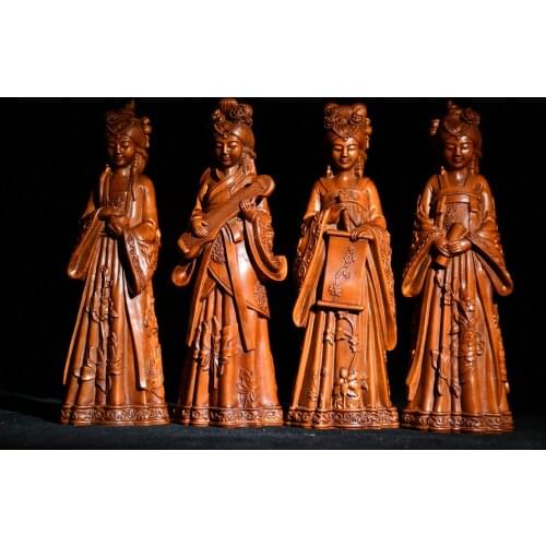 7" China Lucky Old Boxwood Hand-carved Four beauties set Piano chess book painting Talented Beauty Office Ornaments