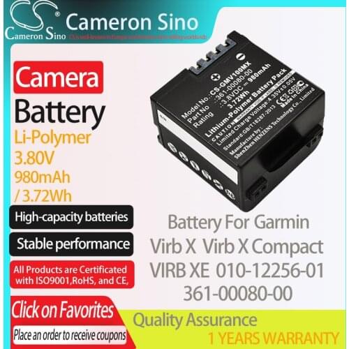 CameronSino Battery for Garmin Virb X VIRB XE Virb X Compact fits Garmin 010-12256-01 361-00080-00 camera battery 980mAh 3.80V