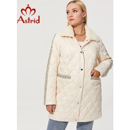 Astrid 2021 New Womens Autumn Quilted Jacket with Fur Zipper Letter Print White Long Coat Women Parkas Plus size Outerwear Tops