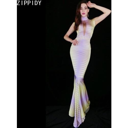 Yellow Purple Spandex Dress Prom Party Evening Show Floor-length Outfit Women Dance Bar Singer Splicing Long Dress