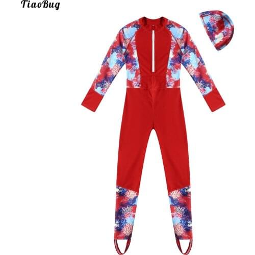 TiaoBug Summer Kids Girls One Piece Swimming Jumpsuit Swimsuit Long Sleeve Zipper Front Holder Fastened Foot Bodysuit With Hat
