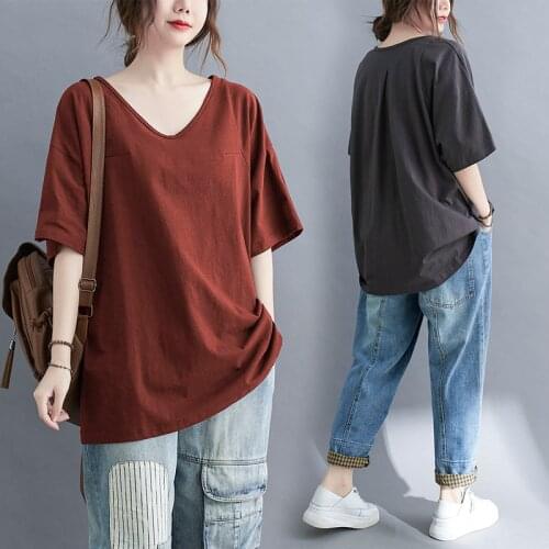 Summer Women Fashion Basics T-Shirt V-Neck All-Match Solid Color Simple Casual Loose Short-Sleeve Tee Female Thin Pullover Tops