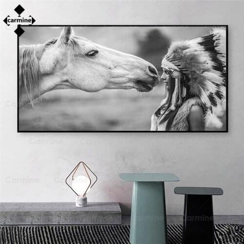 Indian Woman with White Horse Posters and Prints Black and White Canvas Art Painting Abstract Wall Picture for Living Room Decor