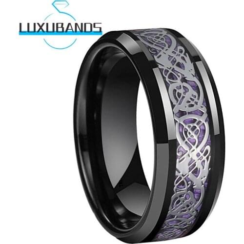 8MM Tungsten Carbide Ring For Men Women Beveled Edges Purple Carbon-Fiber Dragon Inlay Polished Finish Comfort Fit
