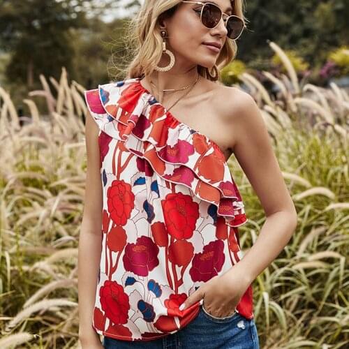 Skew Collar Ruffle Patchwork Floral Print Sleeveless Off Shoulder Sexy T Shirt Women Casual Loose Streetwear Plus Size Tops