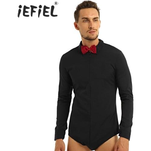 IEFiEL Mens Long Sleeve Fancy COstumes Bodyuit Zipper Solid Color Latin Modern Dance Shirt with Bowtie One-piece Romper Shirt