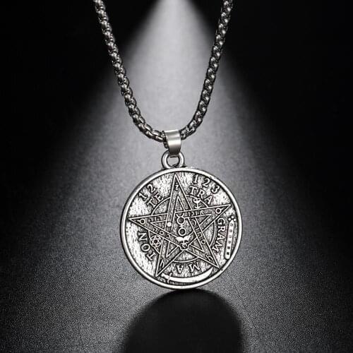 LIKGREAT Satan Tetragrammaton Pentagram Pentacle Pendant Round Necklace Silver Color Wicca Amulet Talisman Jewelry Accessories