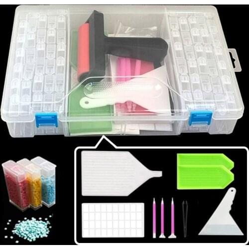 Diamond Painting Tools Sets with 64/56/42/28 Cells Plastic Storage Box Funnel Stickers etc Kit for Diamond Painting Embroidery