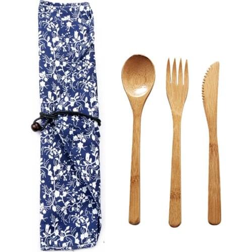 3Pcs/set Natural Travel Bamboo Cutlery Set with Cloth Bag Kitchen Cooking Tools