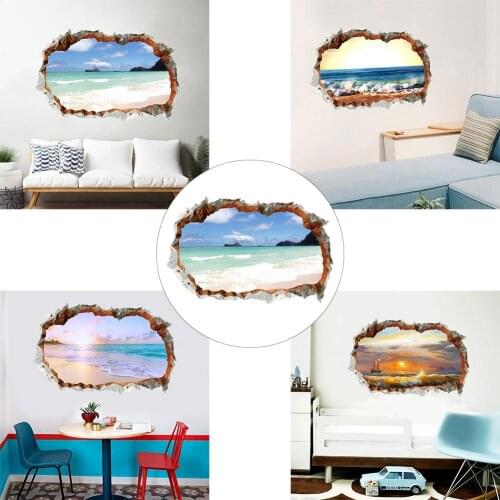 3D Effect Break Through Wall Sticker Sea Ocean Beach Decal Living Room Decor