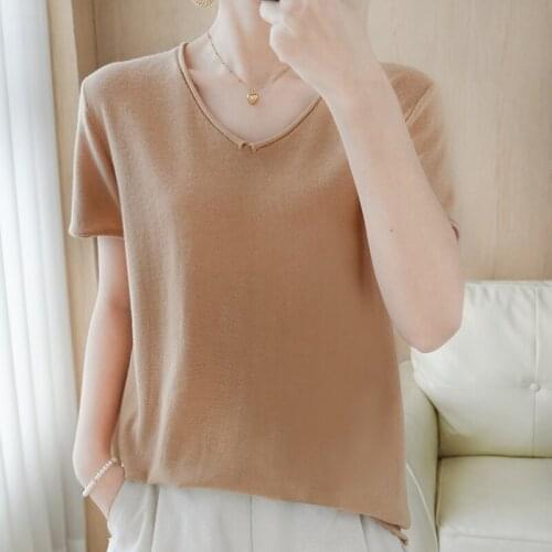 2021 summer new cotton T-shirt knitwear womens V-neck loose and thin casual fashion short-sleeved pullover bottoming shirt