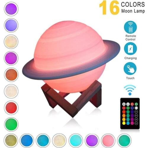 New Rechargeable 3D Print Saturn Lamp Creative LED Planet Lamp Night Light For Baby Bedside Lamp With Stand Kids Christmas Gift
